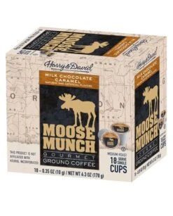 Harry & David Milk Chocolate Caramel Moose Munch Single-Serve Coffee 4/18 Count -Miscela Drink Store harry david milk chocolate caramel moose munch single serve coffee 4 box 72 ct