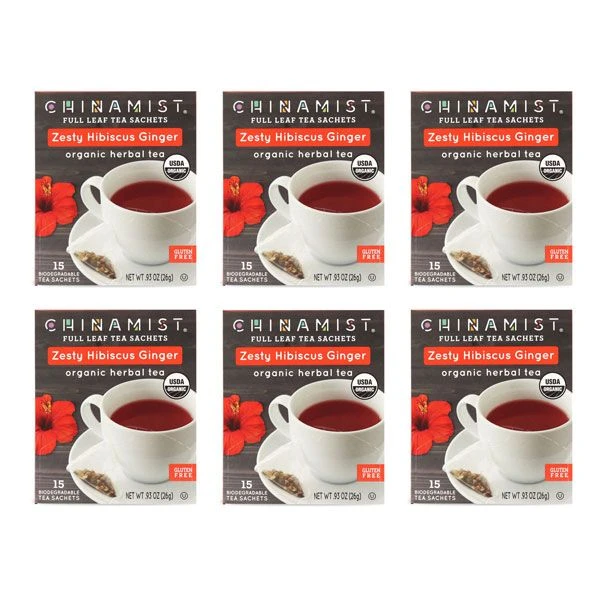 China Mist - Zesty Hibiscus Ginger Organic Black Full Leaf Tea Sachet, 6 Boxes 15 Count Each 3 China Mist - Zesty Hibiscus Ginger Organic Black Full Leaf Tea Sachet, 6 Boxes 15 Count Each